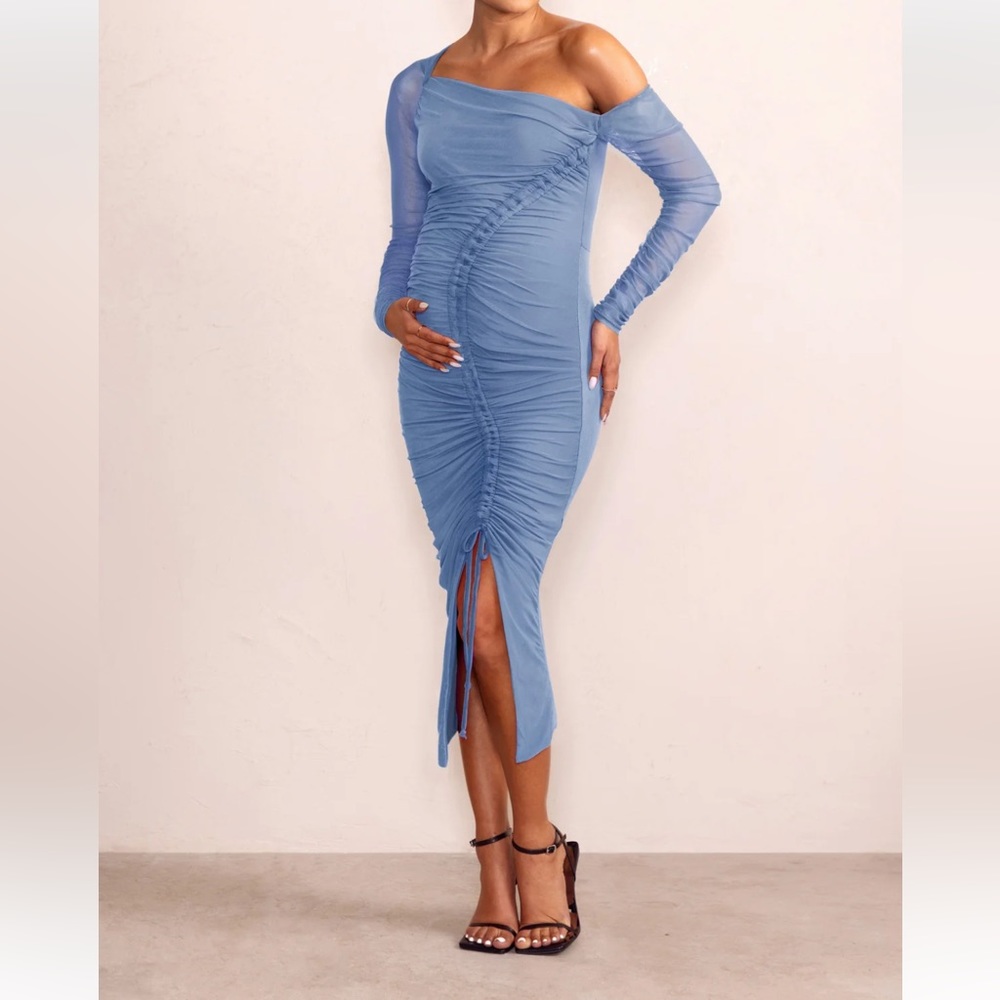 Powder blue maternity asymmetrical ruched dress